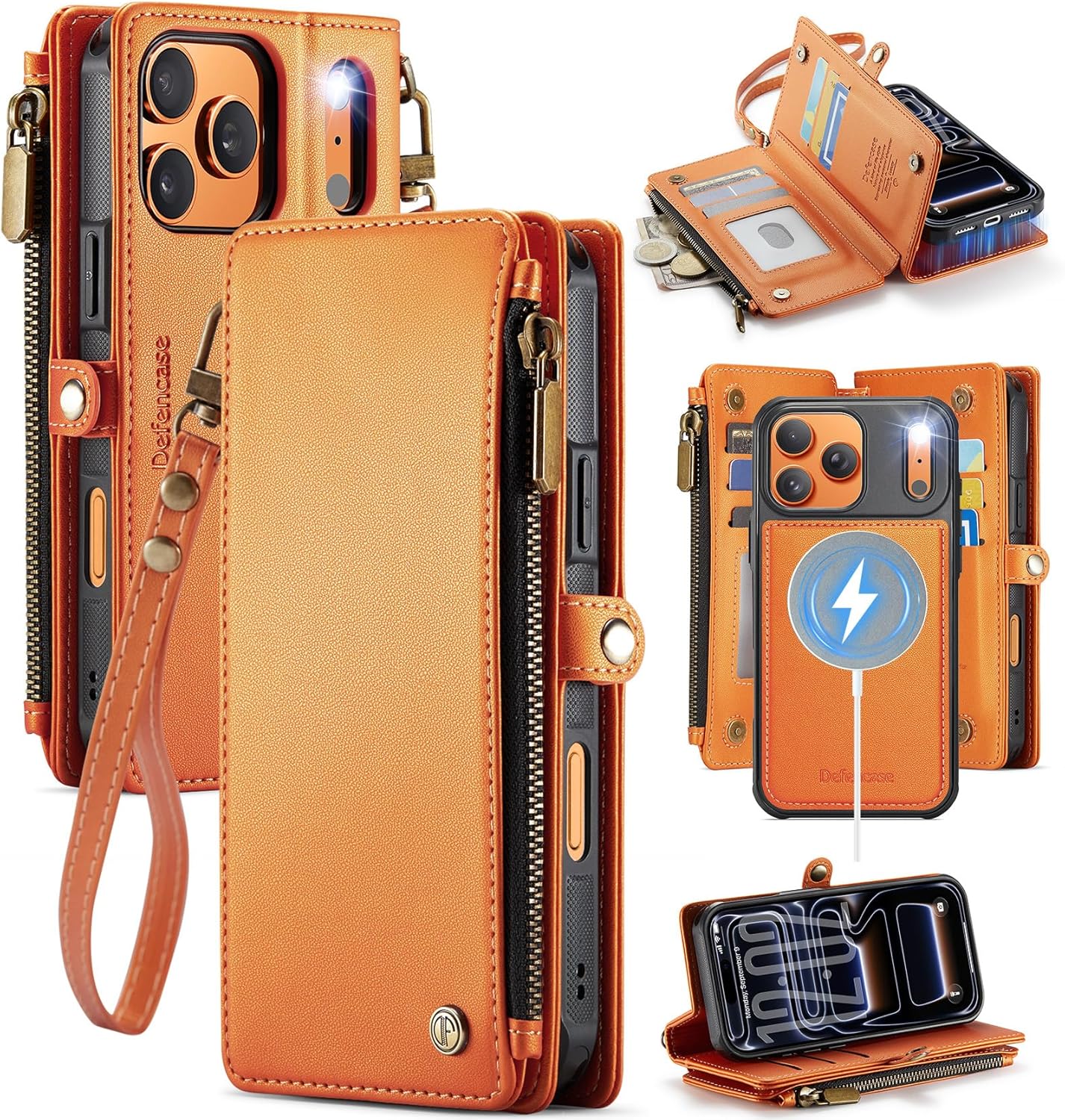 Defencase for iPhone 17 Pro Magnetic Wallet Case Compatible with Magsafe with RFID Blocking Zipper & Card Holder for Women Men PU Leather Strap Detachable Case for iPhone 17 Pro (6.3 inch), Orange