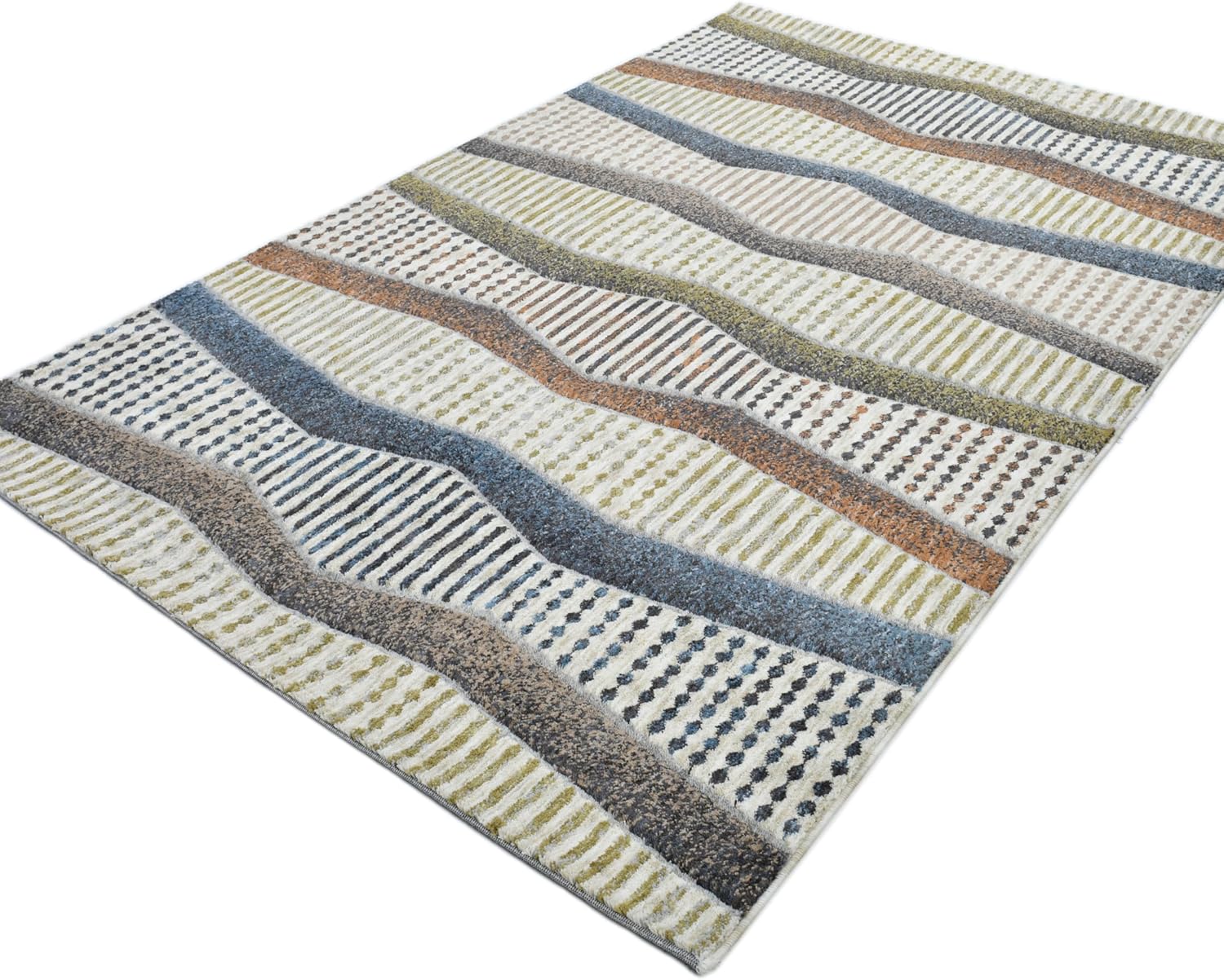 Well Woven Washable Area Rug 5x7 - Ridge Modern Plush Rug for Living Room & Bedroom, Denim Multi, Sculpted Stripe, Recycled Yarns, Stain Resistant Pet Friendly Floor Carpet - Elemental Collection