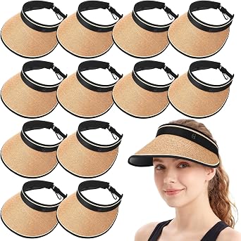 12 Pack Wide Brim Sun Visor Hats for Women UPF 50+ Foldable Straw Beach Hat UV Protection for Travel, Vacation