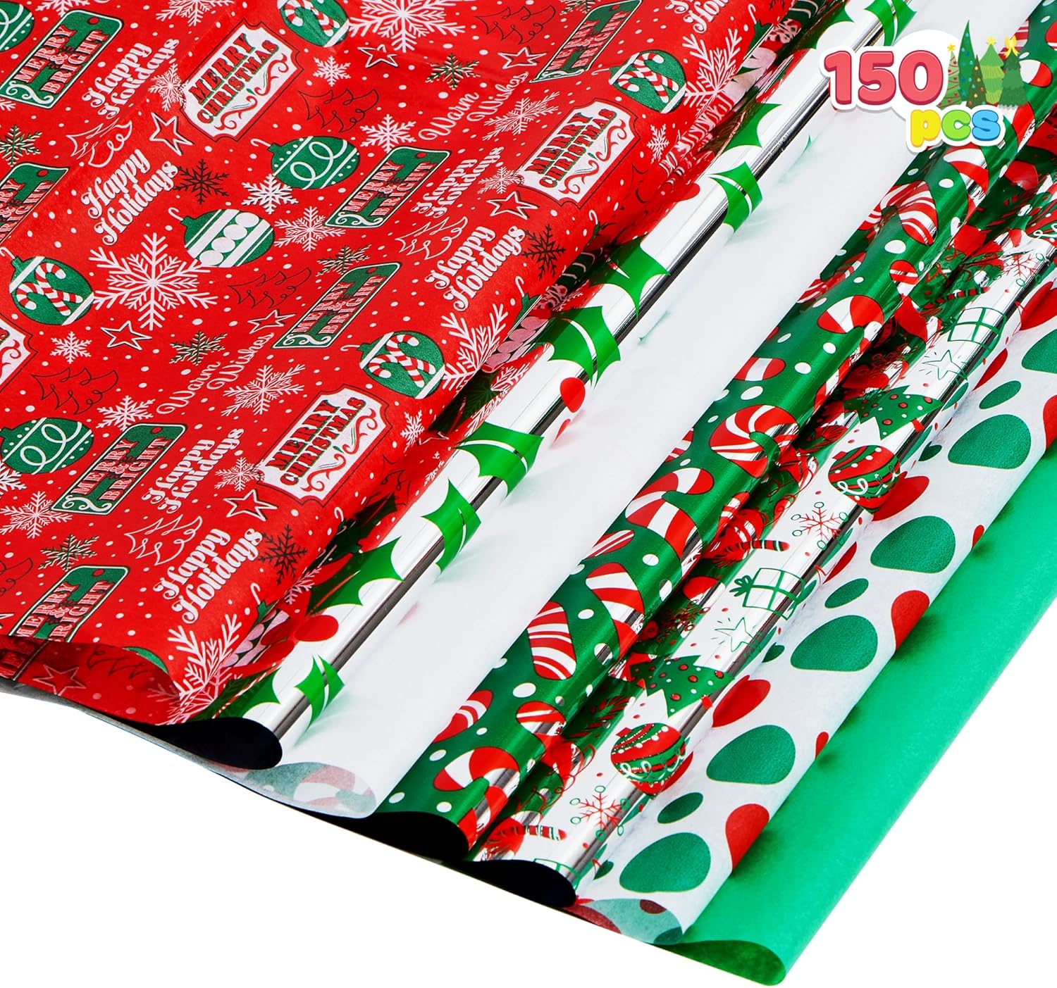 JOYIN 150 Sheets Tissue Paper Assortement Classic Christmas Design, present Wrap Paper, Accessory for Gift Boxes, Gift Wrapping Bags and Wine Bottles