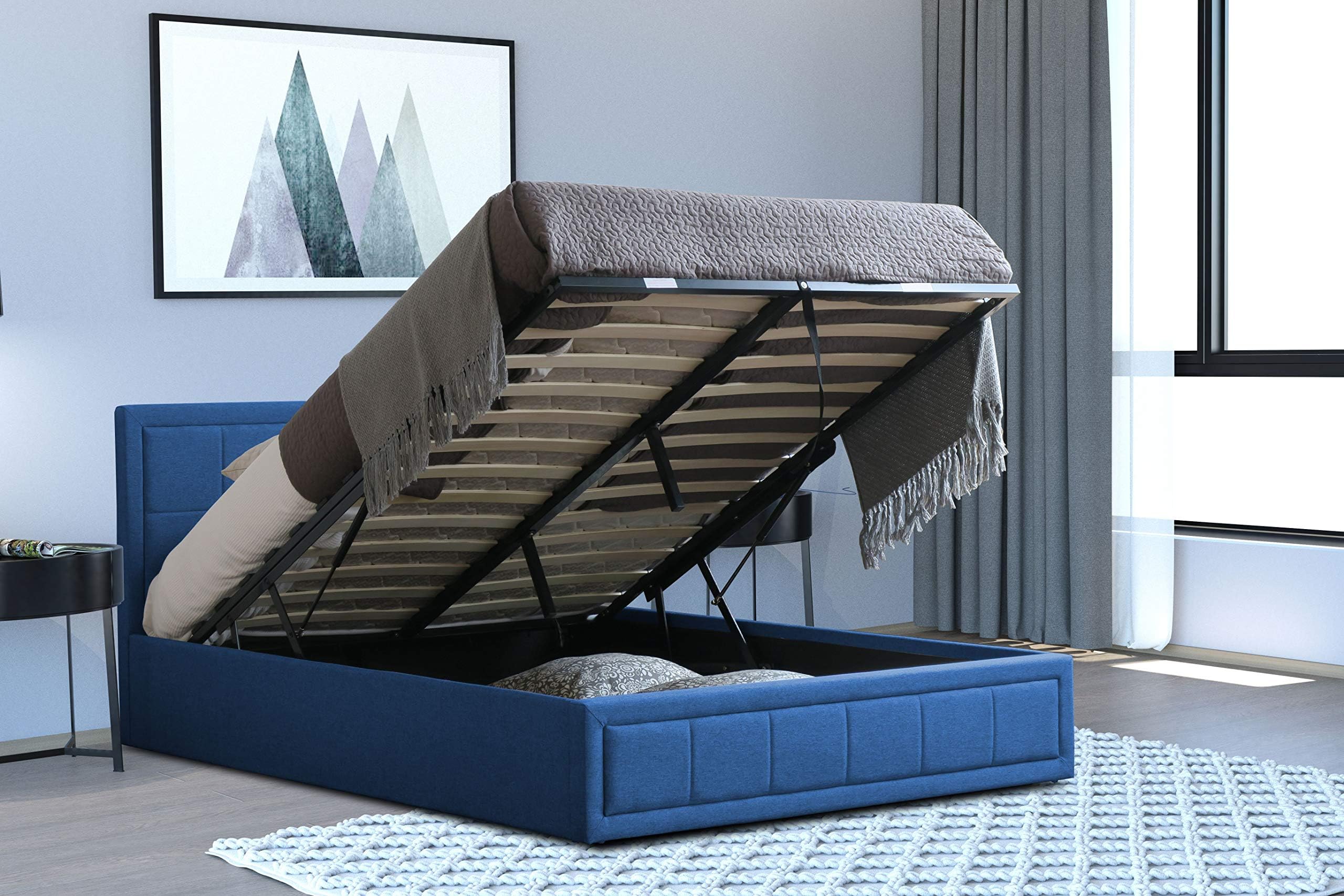 Home Treats Upholstered Ottoman Storage Bed | Small Double Bed Frame | 4ft Small Bed with Storage | Navy Linen Ottoman Bed