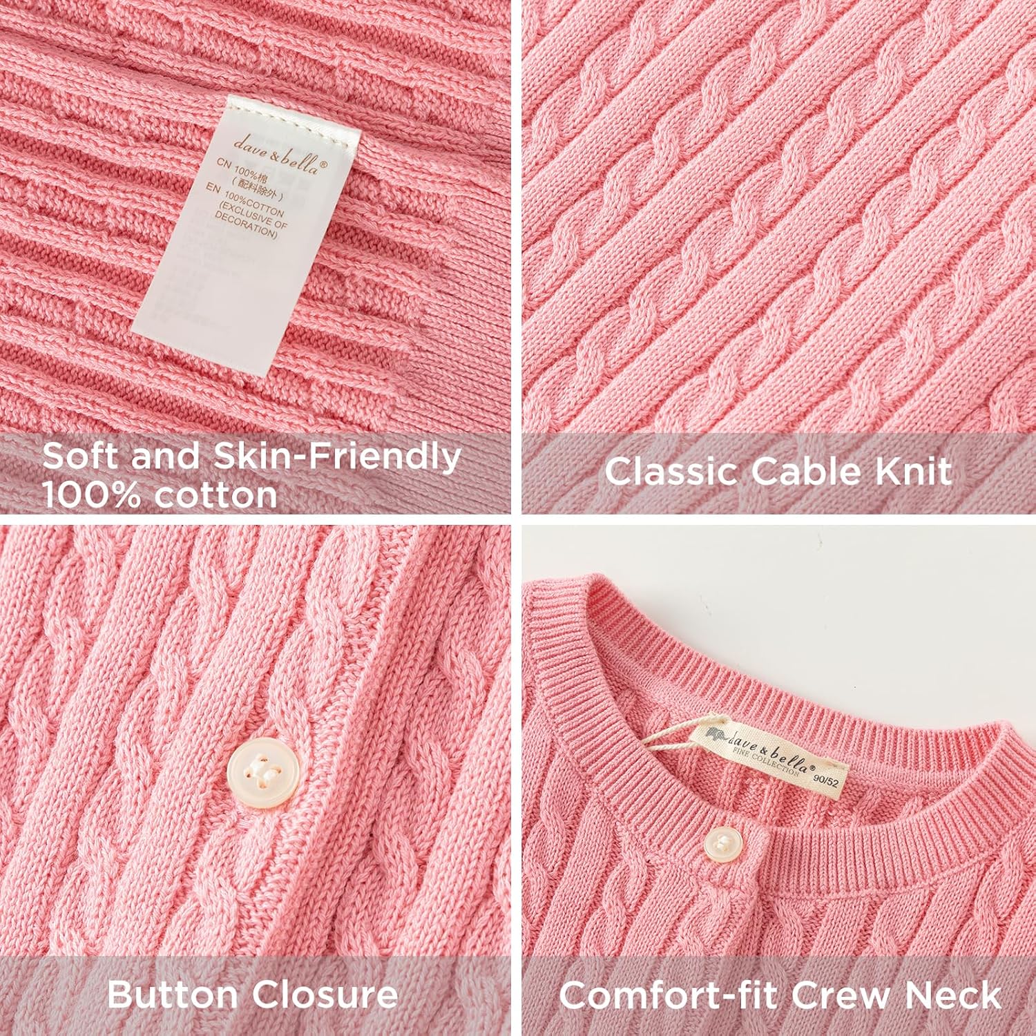 DAVE&BELLA Toddler Girl Cardigan Sweater, Long Sleeve Button Up Baby Cardigan Spring Autumn Cable Knit Cotton Uniform Sweater - Image 4