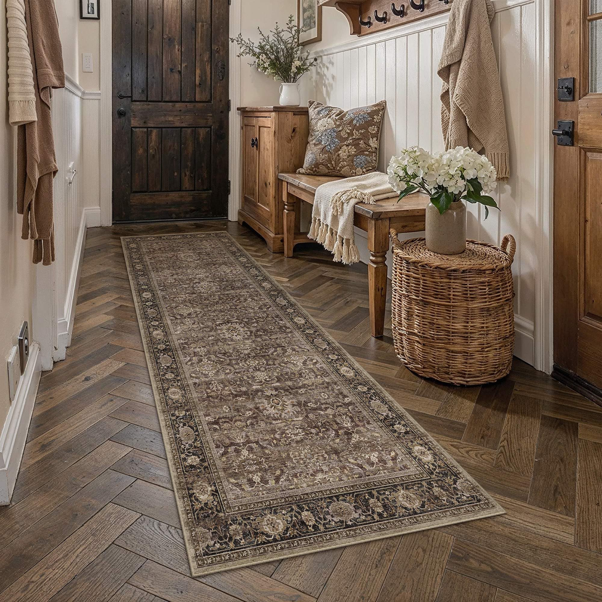 hugear 3x8 runner rugs machine washable retro brown hallway entryway rug distressed vintage neutral stain resistant non slip low pile throw carpet for home aesthetic decor