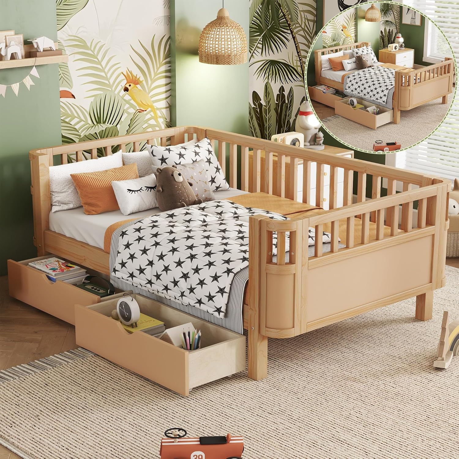 Twin Size Bed Frame for Kids with Rails, Montessori Bed with Storage Drawers, Low Profile Daybeds with Pine Wood Frame for Boys and Girls, Natural