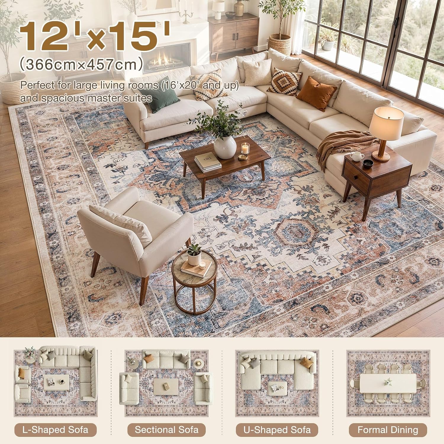 DTICON Vintage Washable 12x15 Area Rug Living Room Rugs, Camel image 4