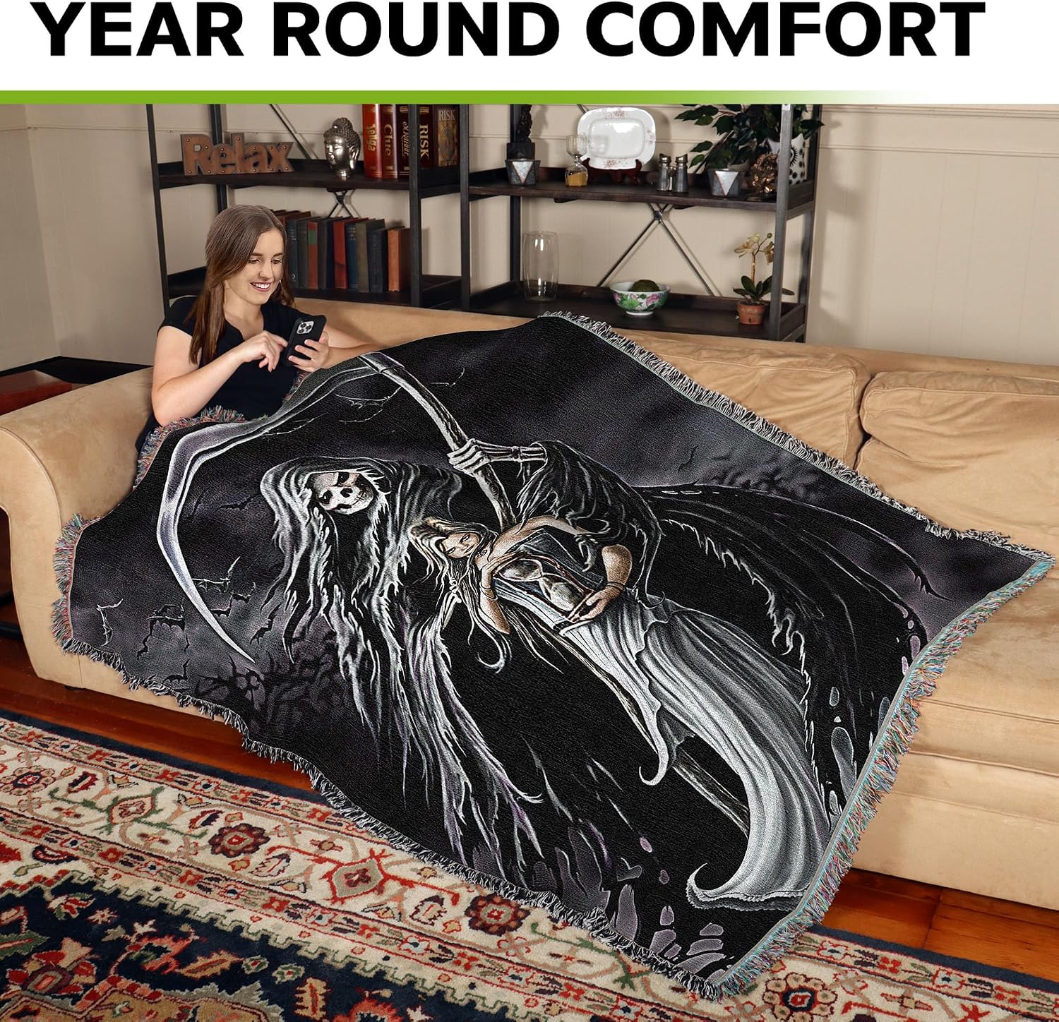 Pure Country Weavers Summon The Reaper Woven Blanket by Anne Stokes - Fantasy Gift Cotton Tapestry Throw - Made in The USA - 72" x 54"