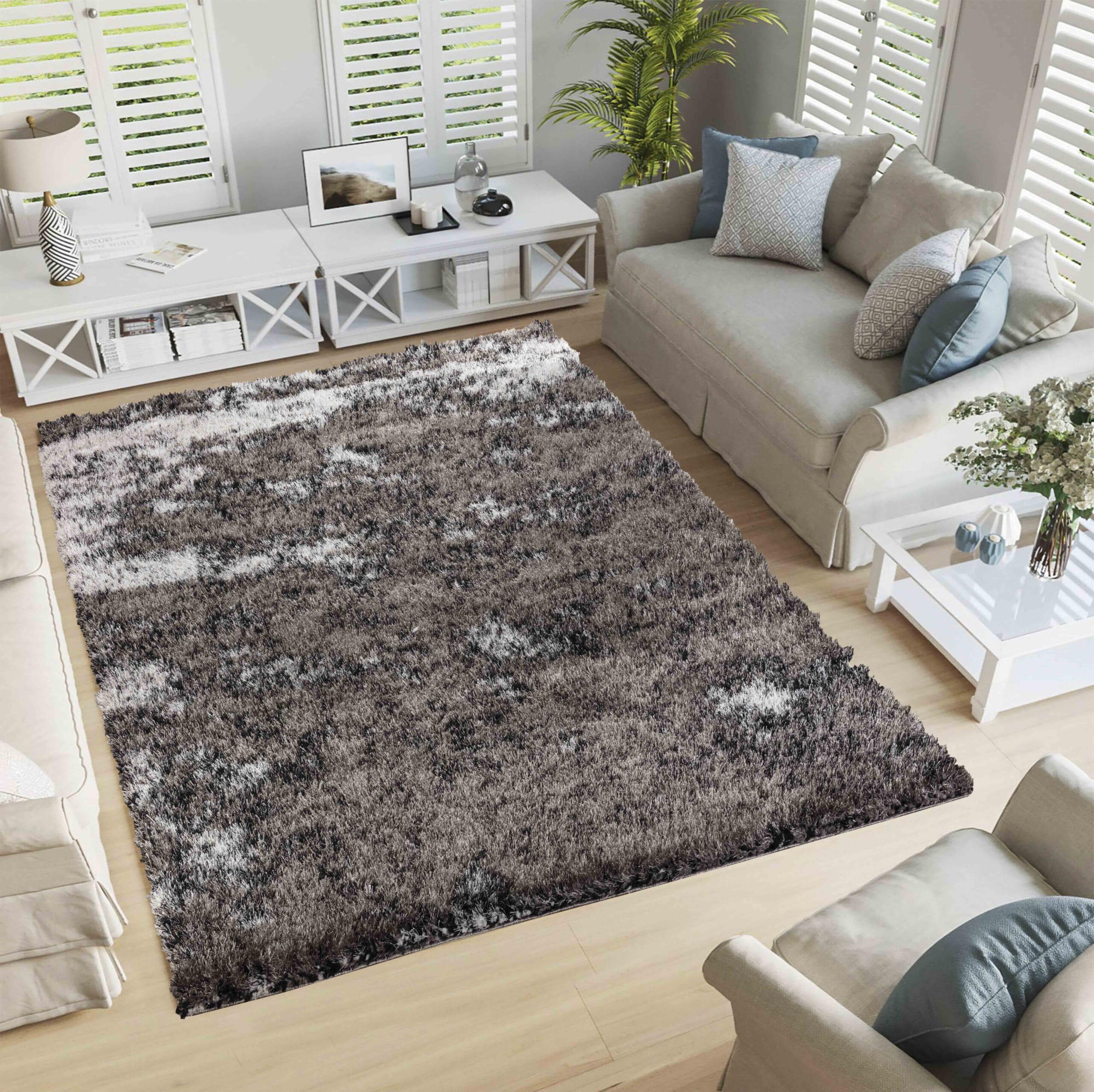 Serdim Rugs Modern Soft Two Tone Shiny Shimmer Living Room Polyester Shaggy Rugs, Silver, 120x170cm (4'x5'6")