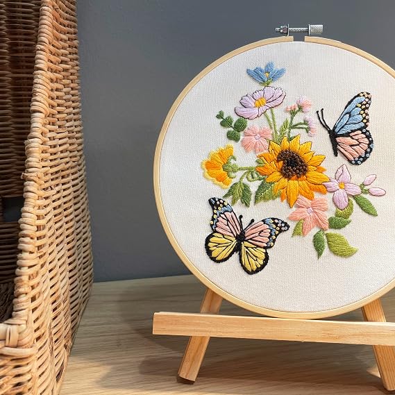 Yutaohui Butterfly Embroidery Kit with Flower,Funny Embroidery Kit for Adults Beginner,Stamped Cross Stitch Kit for Crafts Starters with 1 Plastic Embroidery Hoop, 2 Needles and Enough Threads.