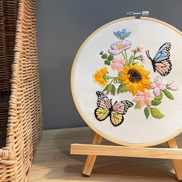 Yutaohui Butterfly Embroidery Kit with Flower,Funny Embroidery Kit for Adults Beginner,Stamped Cross Stitch Kit for Crafts Starters with 1 Plastic Embroidery Hoop, 2 Needles and Enough Threads.