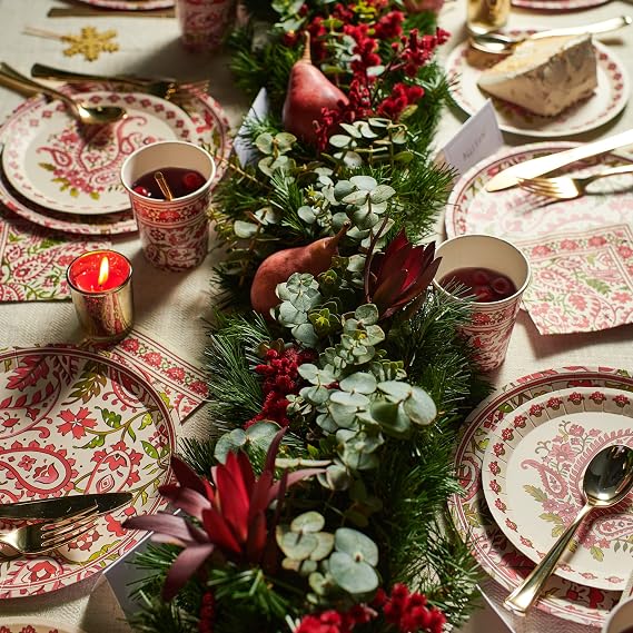 Coterie Paisley Winter Floral Plates (Set of 10) - Red & Green Paper Plates for Christmas, Holidays and More - 9.25' Fancy Party Supplies