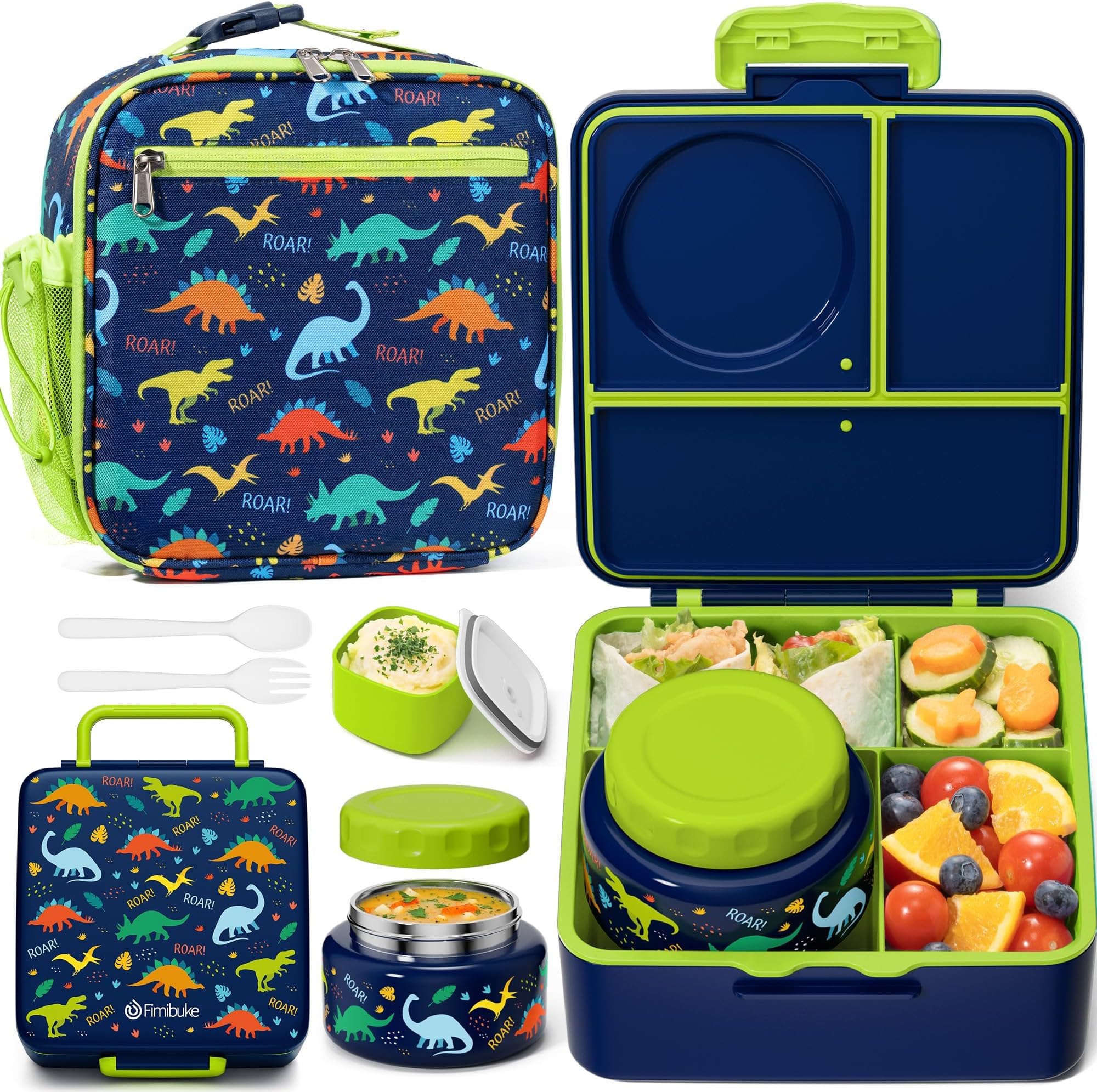 Fimibuke Kids Bento Lunch Box with Thermo, Leakproof Toddler Bento Box with 8.5OZ Insulated Food Jar, Lunch Bag & Utensils BPA Free Dishwasher Safe 3 or 4 Compartment Container for School Girls Boys