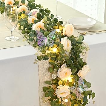 6 Ft Champagne Fuller Flower Garland with Light 6 Pcs Butterfly, Fake Rose Vine