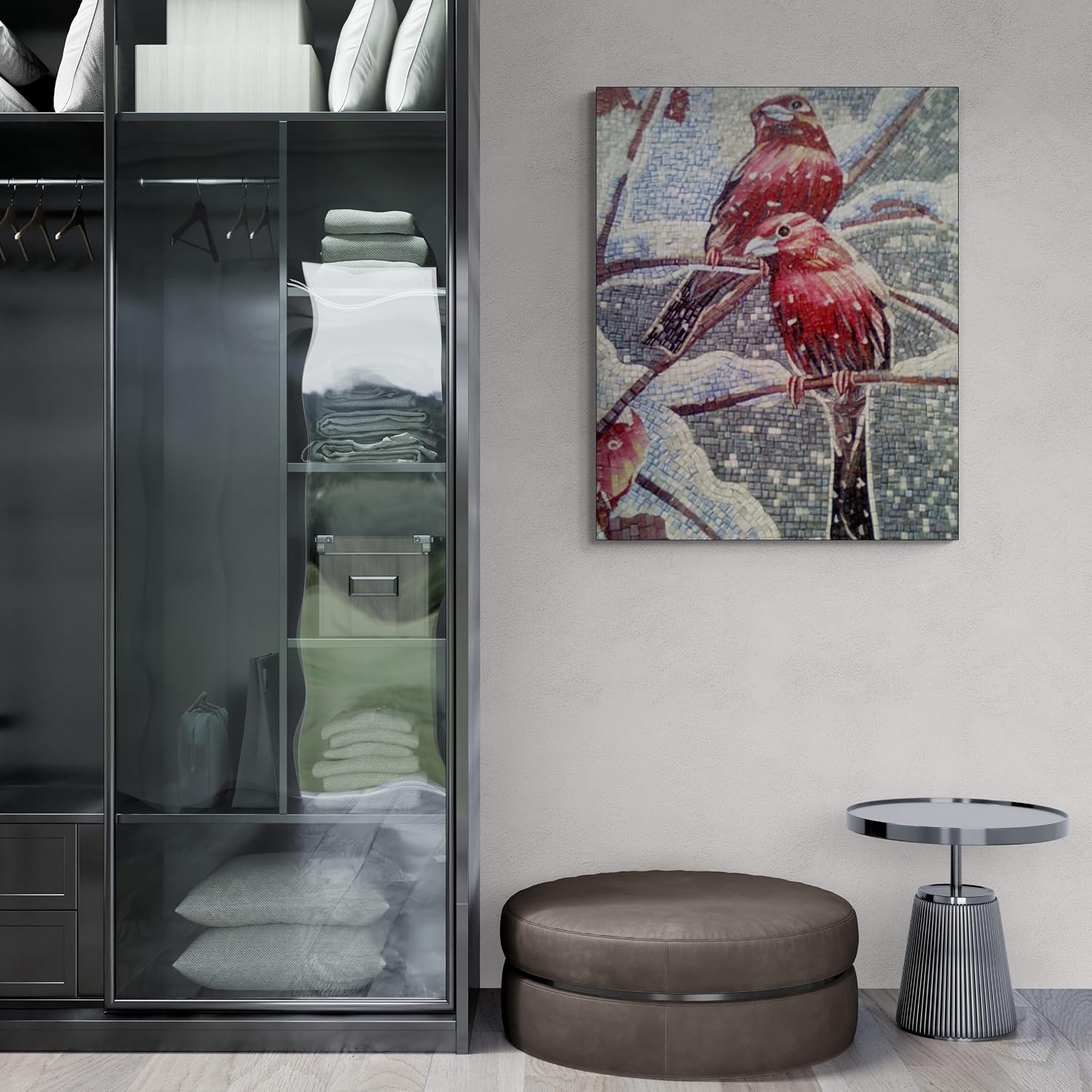 Handmade Red Birds Glass Mosaic Wall Art, Bird Tile Mosaic Artwork, Hand-Cut Glass Wall Décor
