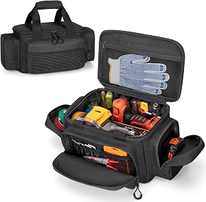 Small Tool Bag With Anti-Friction Bottom, 12-Inch Tool Organizer | Large Capacity, Top Full-Opening, Multiple Pockets, Padded Handles, Small Tool Box for Gardener, Technician, Electrician