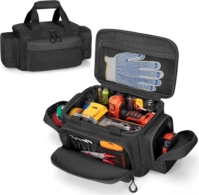 Petit sac à outils avec fond anti-friction, 12-Inch Organisateur d'outils Grande capacité, Top plein ouverture, Poches multiples, Poignées rembourrées, Petite boîte à outils pour jardinier, Technicien, Électricien