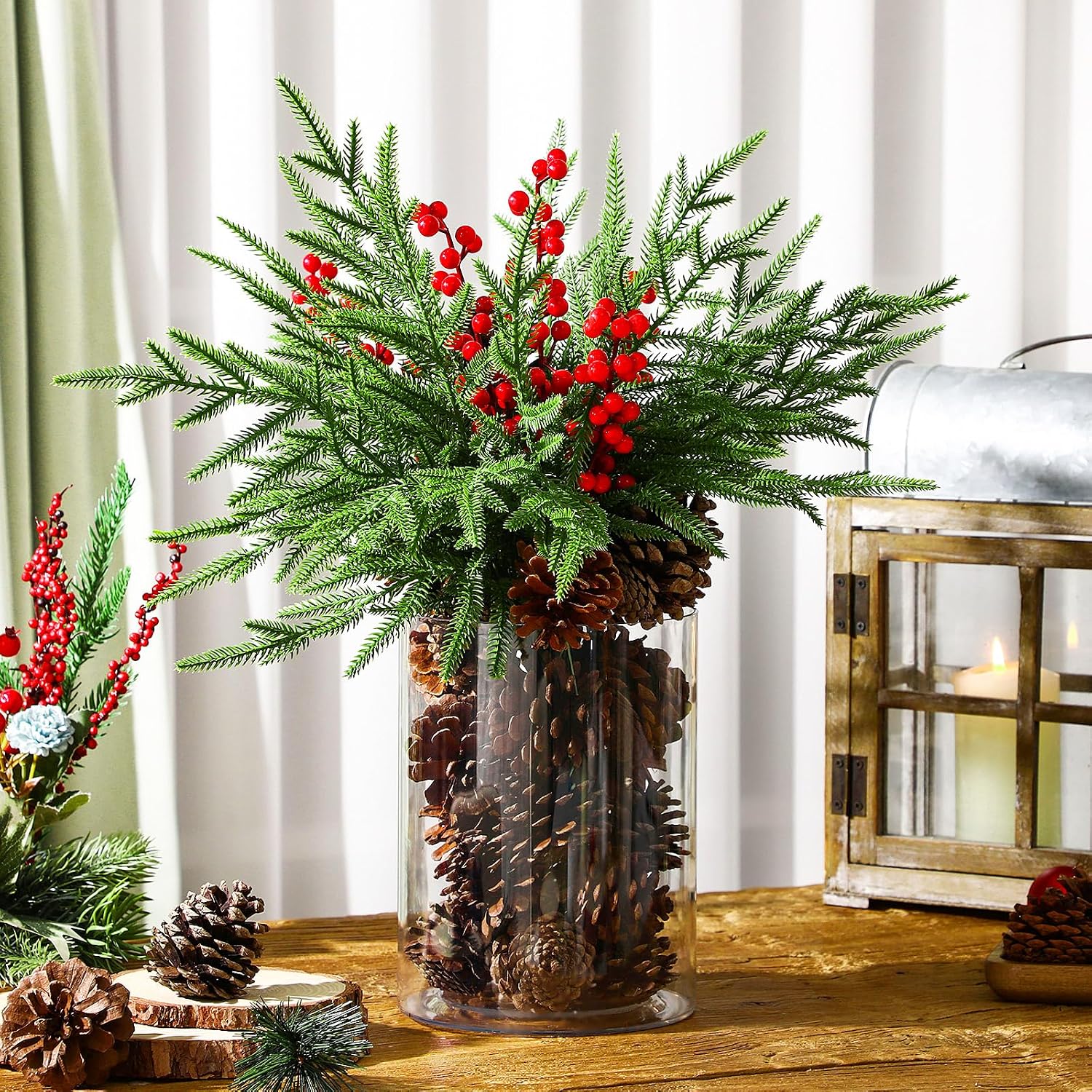 Shappy 42 Pcs Christmas Table Centerpieces DIY Farmhouse Christmas Centerpieces for Dining Table 6 Norfolk Pine Branches 30 Pine Cones 5 Red Berry Stems 1 Glass Vase for Kitchen Tabletop Decorations