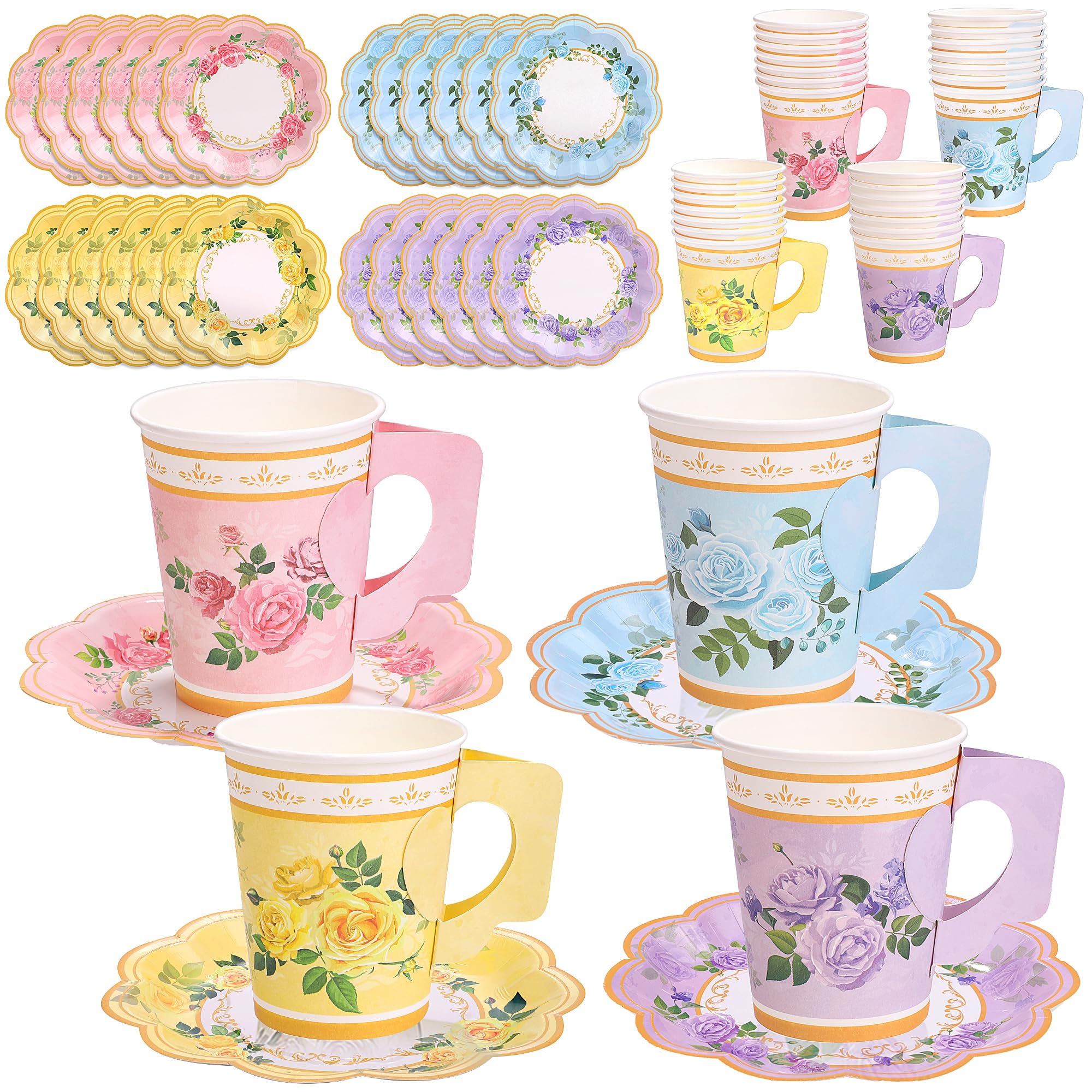 Vivantia 48 Pieces Floral Tea Party Cups and Saucers, 9 Oz Vintage Paper Tea Cups with Handles and 6 Inch Plates, Disposable Blossom Tableware Set Serve 24 for Birthday Wedding Baby Shower