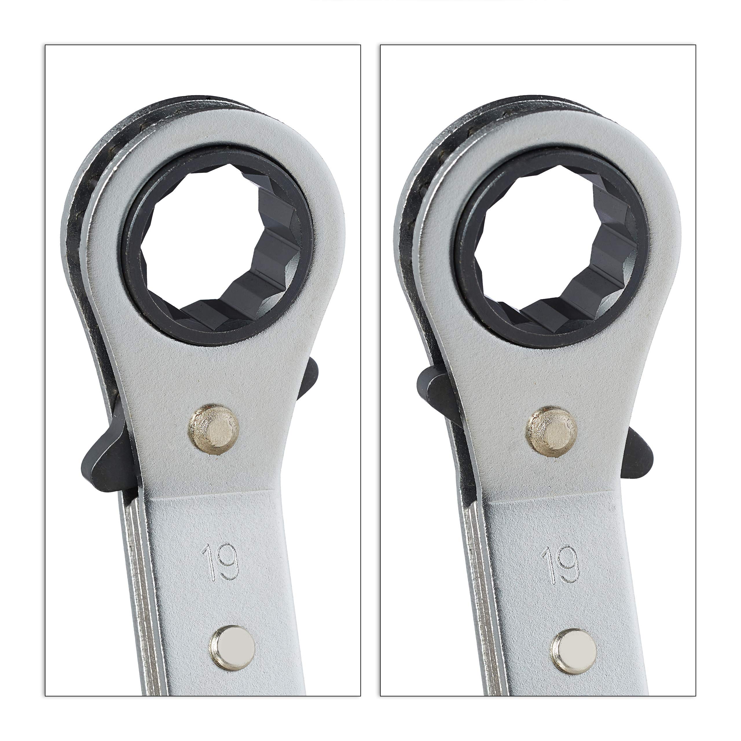 Relaxdays Set di Chiavi ad Anello, Kit da 6 Accessori a Cricchetto, 6-15, 17 & 19 mm, Valigetta con Attrezzi, Argento