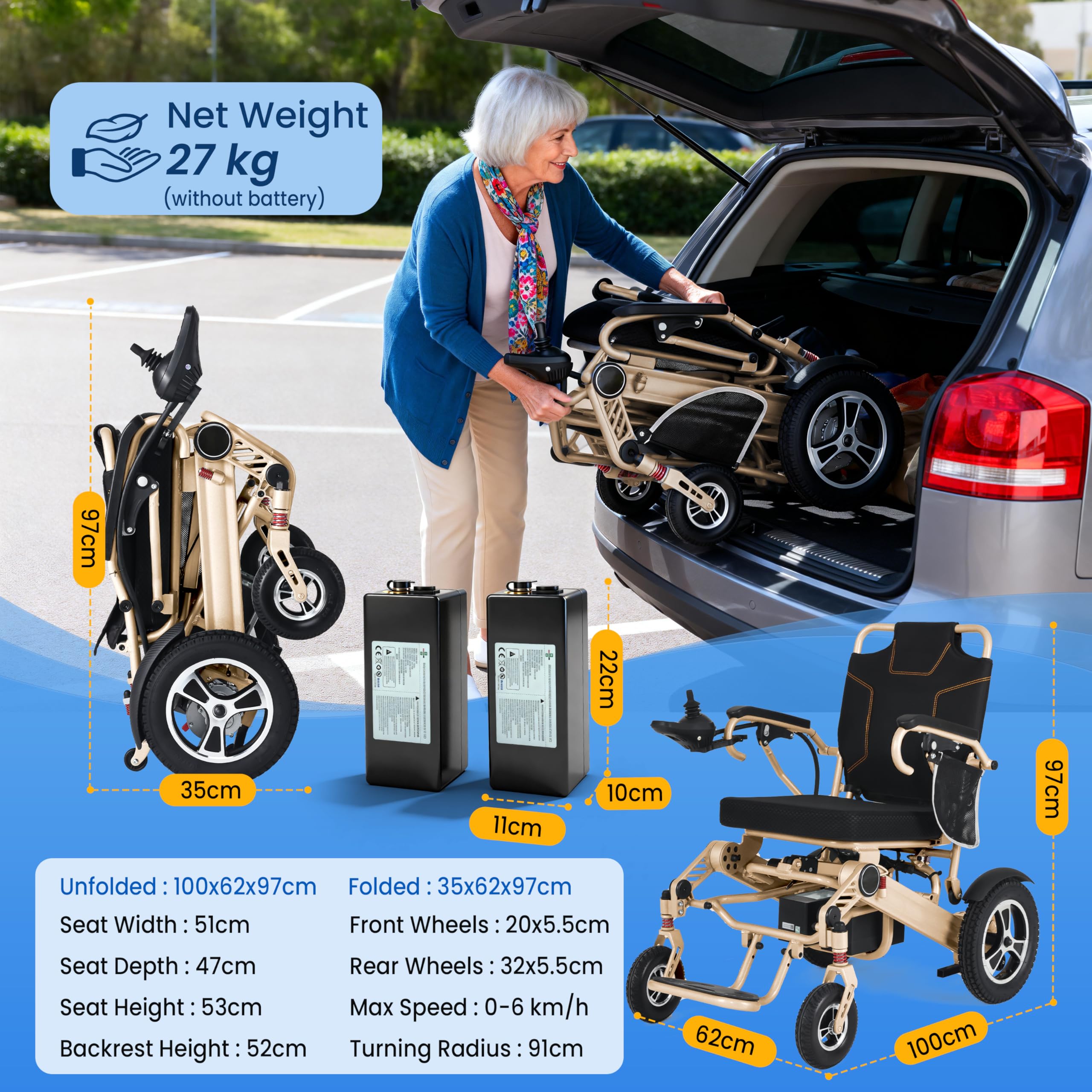 48+KM Fauteuil roulant électrique pour adultes, puissance du moteur 700 W, 150 kg, largeur d'assise 51 cm, fauteuil roulant léger, pliable, tout terrain, avec 2 batteries Li-ion 12 Ah, avec