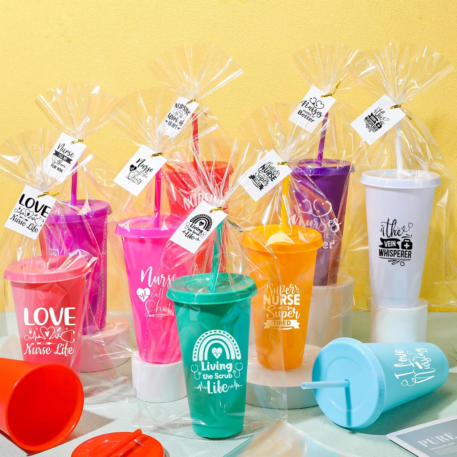30 Sets Nurse Appreciation Gifts Bulk, 24 oz Tumblers with Lids and Straws, Thank You Plastic Cups with Cards and Bags for Nurse Staff Holiday Party Favors(Lovely,Bright Colors)