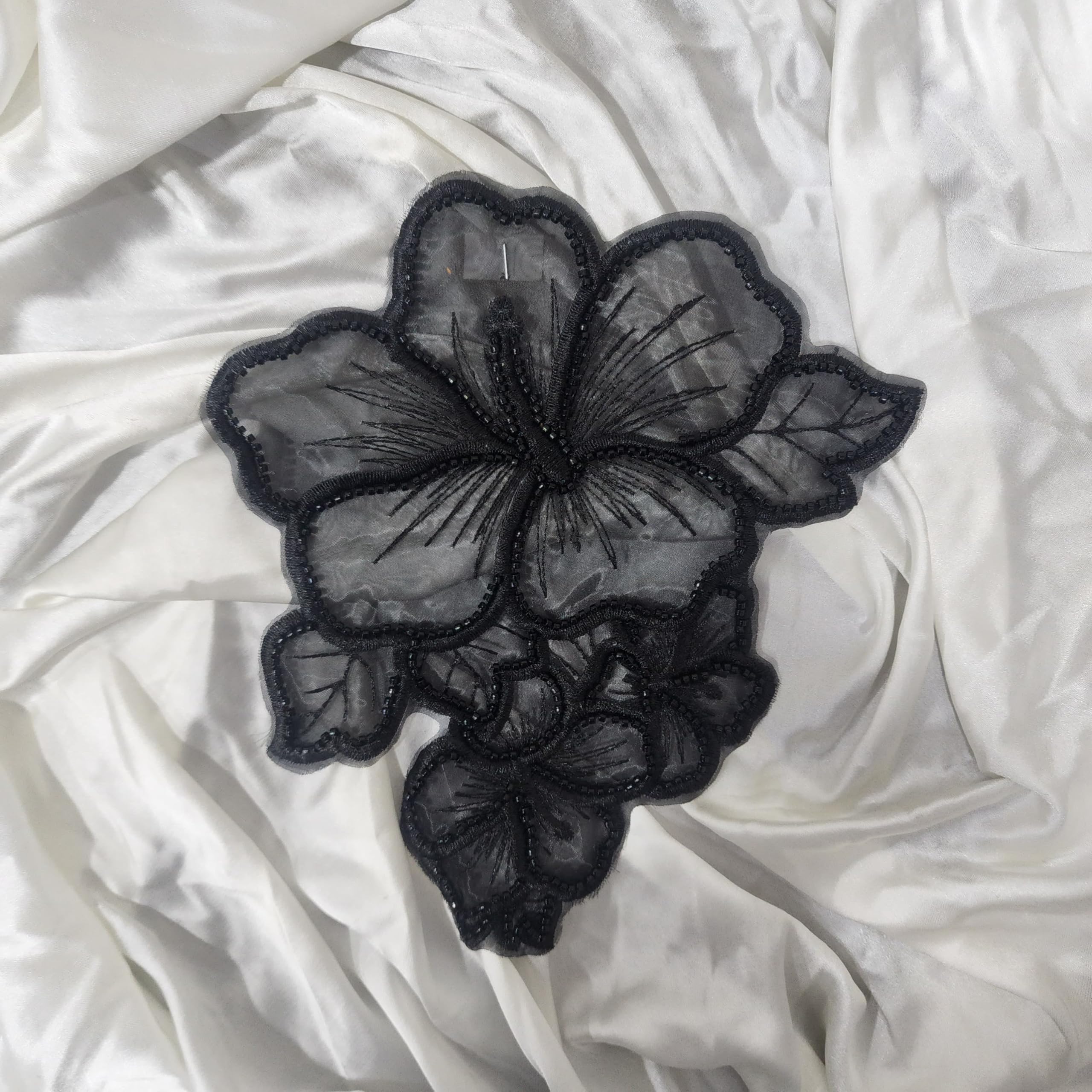 Mohan Shoppe Black Color Organza Base Flower Patch Applique Motif Applique for Kids Shirts Jackets Jeans caps Apparel Fashion Package of 1 Piece (Black, 21.5 cm Approx.)-image-2
