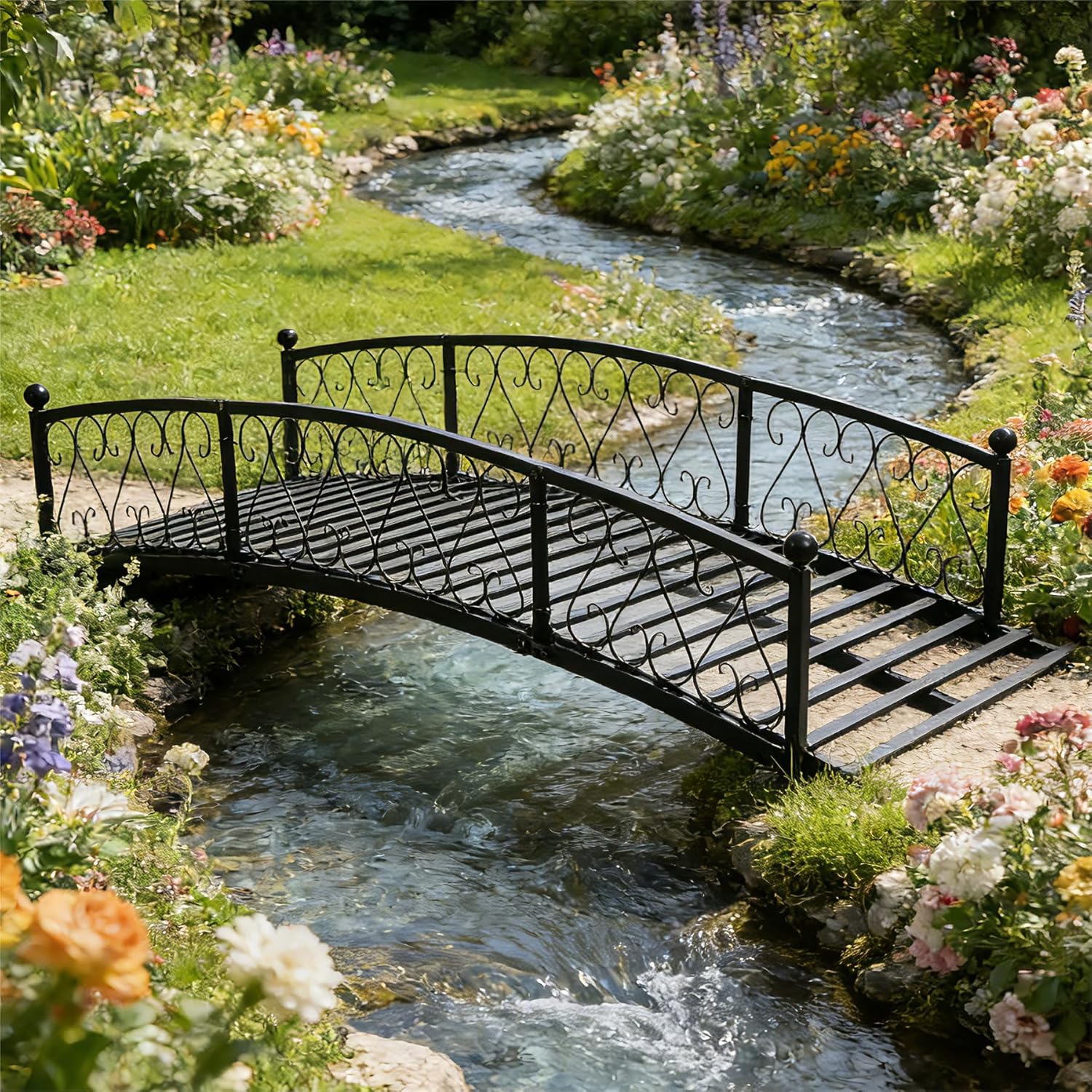 Garturects Metal Garden Bridge 8 FT - Durable Decorative Footbridge with Siderails Large Outdoor Bridges, Weight Capacity 770 lbs for Backyard, Creek, Lawn, Stream