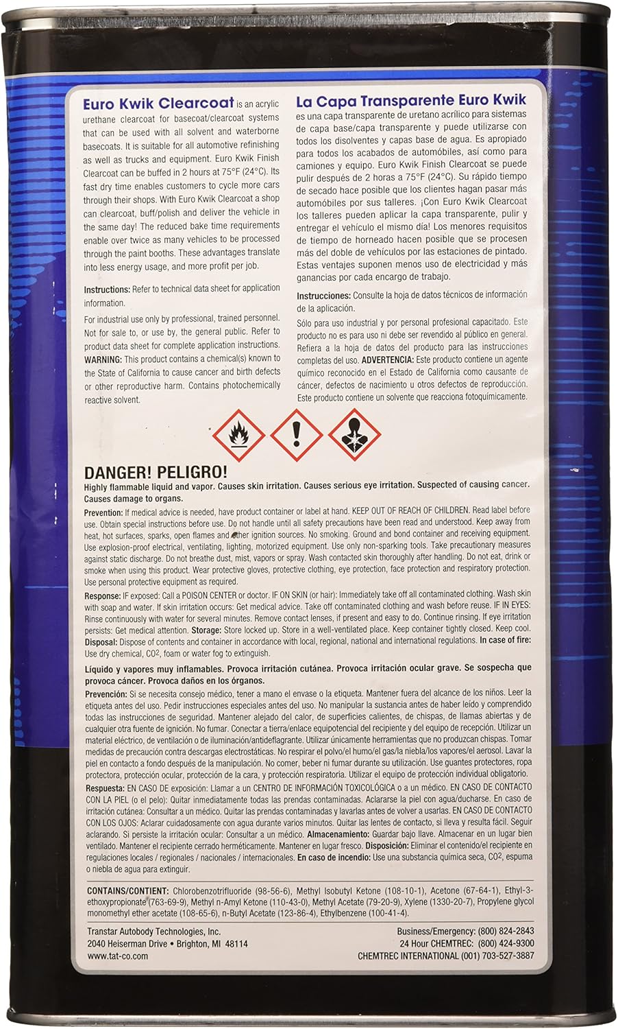 Назад view of TRANSTAR 7211 Euro Kwik Clear Coat can with safety warnings and instructions