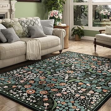 5x7 Black and Green Floral Washable Area Rug for Living Room