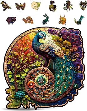 CRAFTHUB Animal Wooden Puzzles for Adults A3 Peacock Yin Yang with 127 Pieces Jigsaw Puzzles with Unique Animal Shapes 10.6" x 10.7"