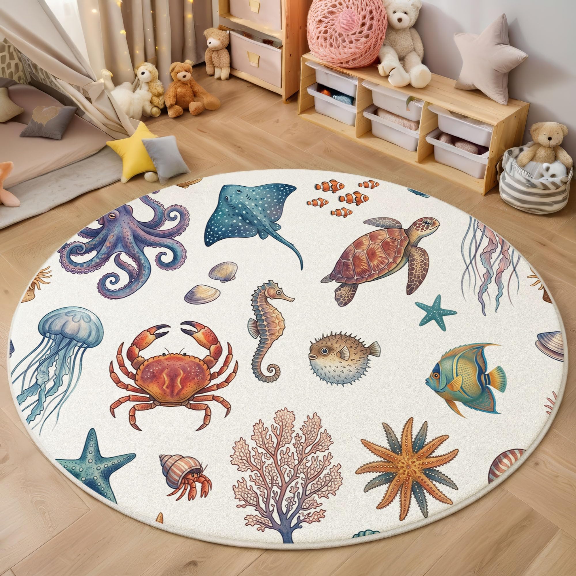 Meeresleben Rund Teppich für Kinder, Kurzflor Kinderteppich, Oktopus Meeresschildkröte Qualle Runder Teppich Waschbar, Weich, Rutschfest für Lernbereiche, Spielzimmer und Kinderzimmer (160cm rund)