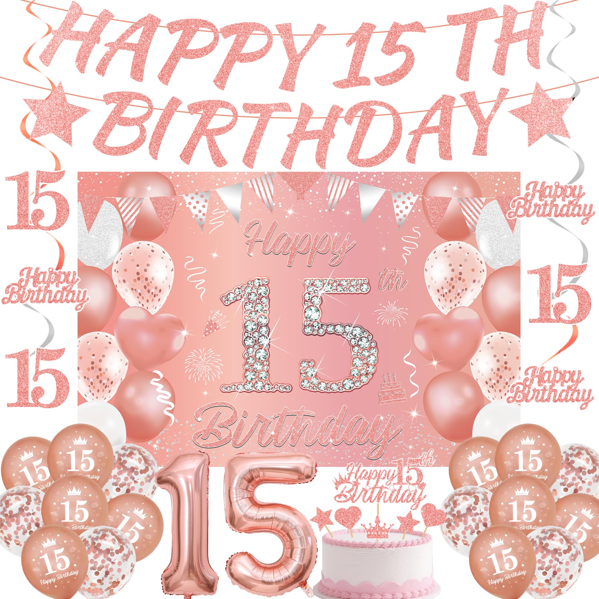 15th Birthday Decorations Balloon Girl - 33 Pcs Rose Gold Glitter Banner Hanging Swirls Backdrop Cake Topper Number Foil Balloons for Girls 15 Years Old Birthday Party Decor Supplies โ image 1