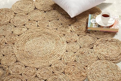 Miniatura 3 de GRUHUM Alfombra tejida a mano de yute redonda de 4 pies, de fibra natural, bohemia, suave, trenzada, rústica, vintage, beige, reversible, ecológica,