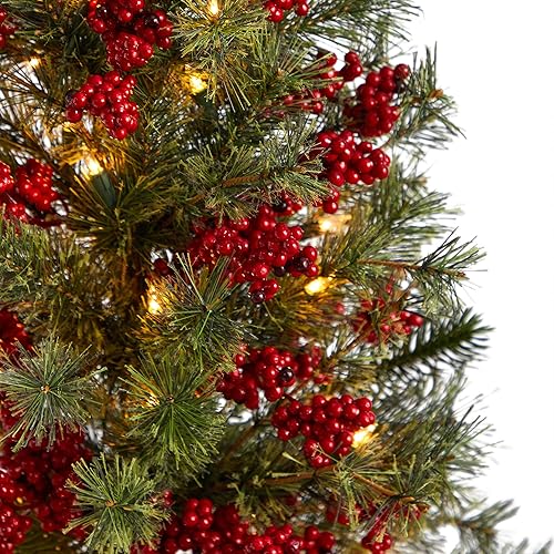 Miniatura 4 de Nearly Natural Árbol de Navidad artificial de bayas y pino de 3 pies con 50 luces blancas cálidas y base envuelta en arpillera