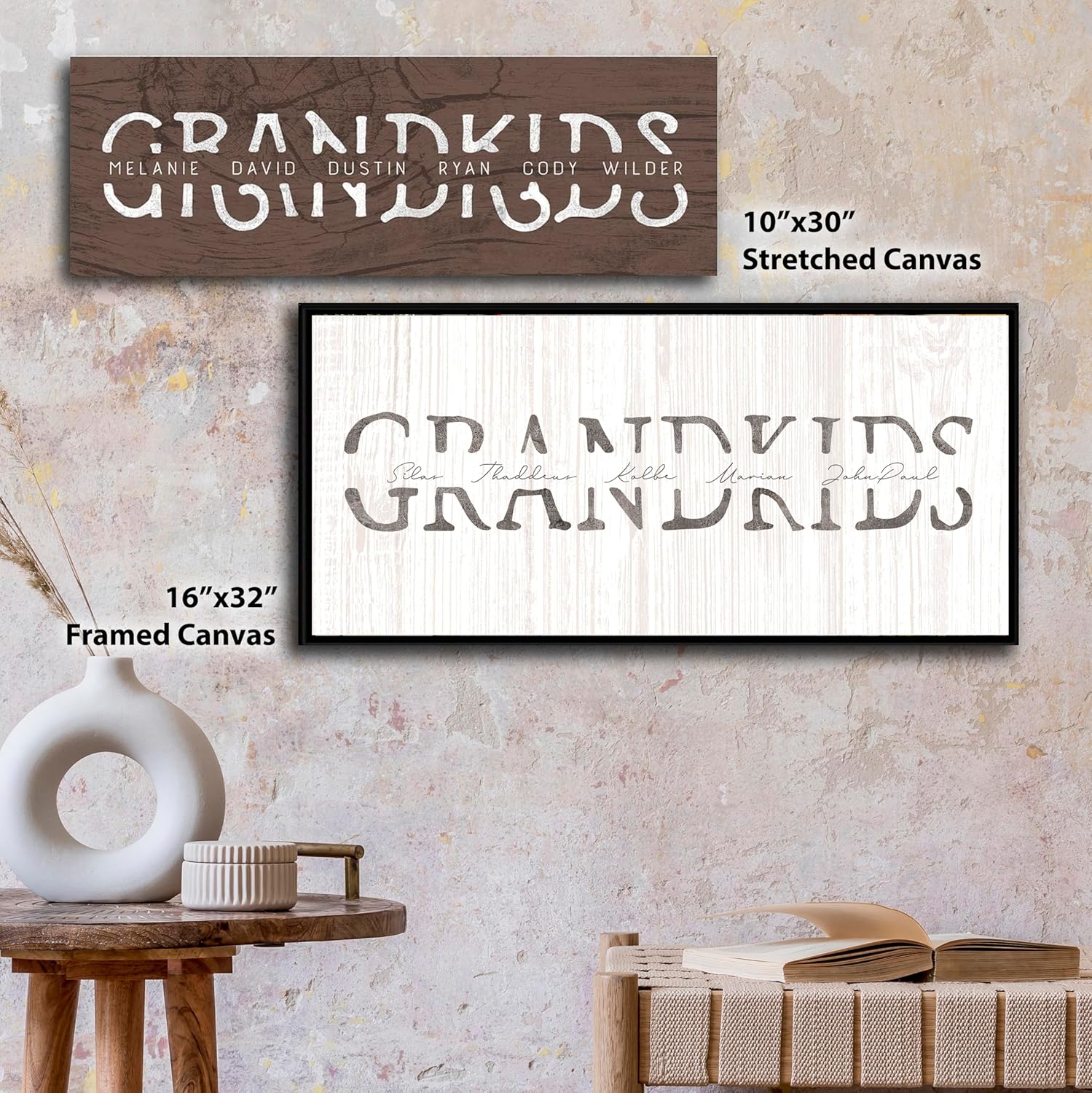 Grandkids - Personalized Art Gift for Grandparents (Rustic Woodgrain, 6.5"x18" Block Mount)