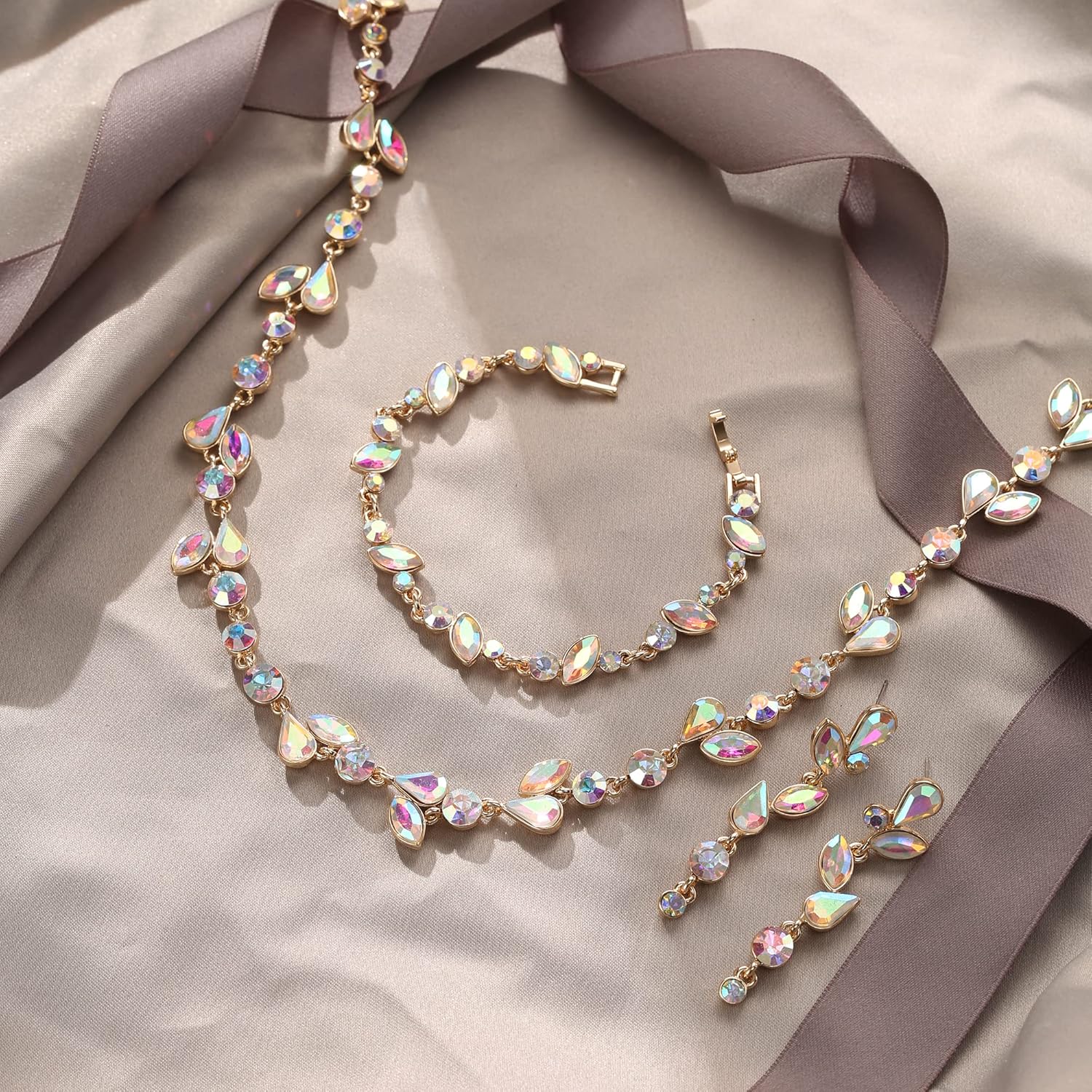 EVER FAITH Crystal Bridal Bridesmaid Jewelry Sets, Elegant Marquise Round-Shaped Rhinestone Leaf Necklace Dangle Earrings Tennis Bracelet Set for Women - Image 3