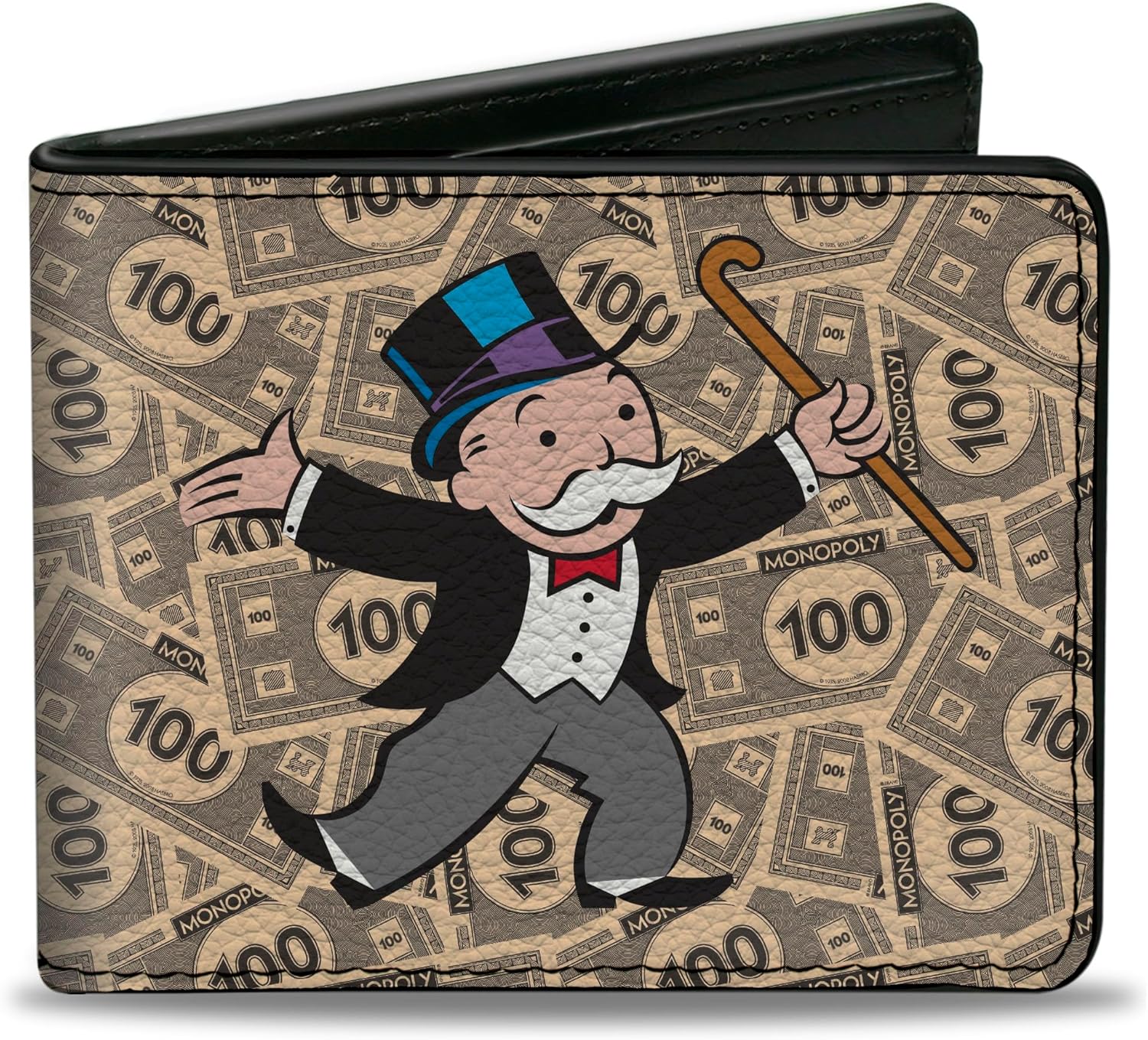 Buckle-Down Hasbro Wallet, Bifold, Mr Monopoly Rich Uncle Pennybags Pose 100 Money Bills Stacked, Vegan Leather