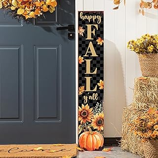 Happy Fall Y'all Porch Sign Black Checkered with Sunflower Pumpkin Design Front Door Hanging Decorations Indoor Outdoor Wooden Vertical Welcome Sign For Home Yard Farmhouse Holiday Decor 47 x 7.8 inch