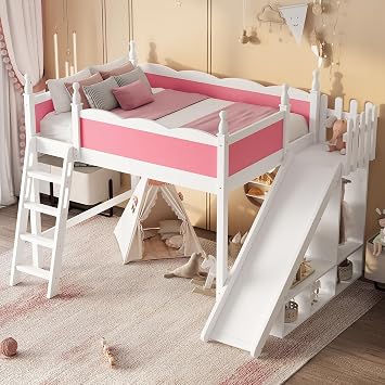 Full Size Low Loft Bed with Detachable Slide and Ladder | Solid Wood Loft Bed with Storage Shelves and Guardrails for Kids Boys Girls, Easy Assembly, Pink+White