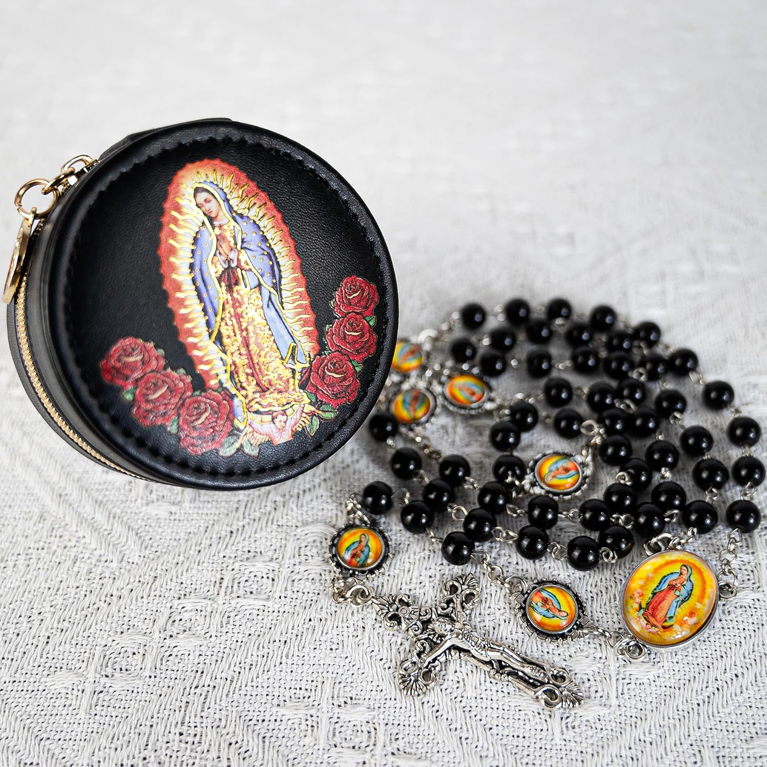 8mm Glass Pearl Catholic Rosary Necklace for Women - Our Lady of Guadalupe & Crucifix, Holy Beads with Prayer Box, Baptism & First Communion Jewelry Gift (La Rosa de Guadalupe) - Image 3
