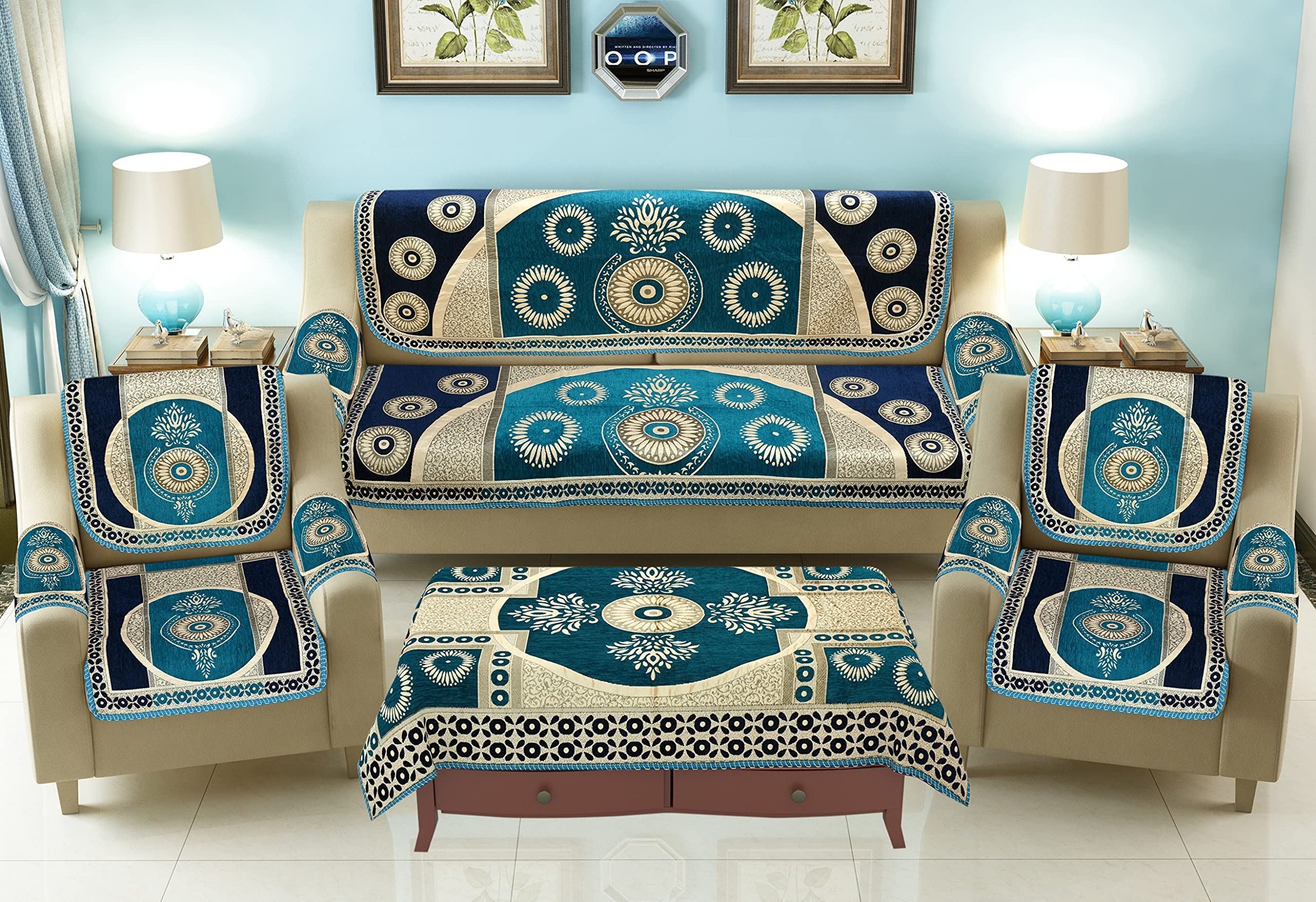 5 Seater Sofa Cover 10 Pcs Set - 3 + 1+1 Chennile Sofa Cover Back 5 Seater with 6 Pcs Arms Sofa Cover and Centre Table Cover, Sky, Chenille-image-8