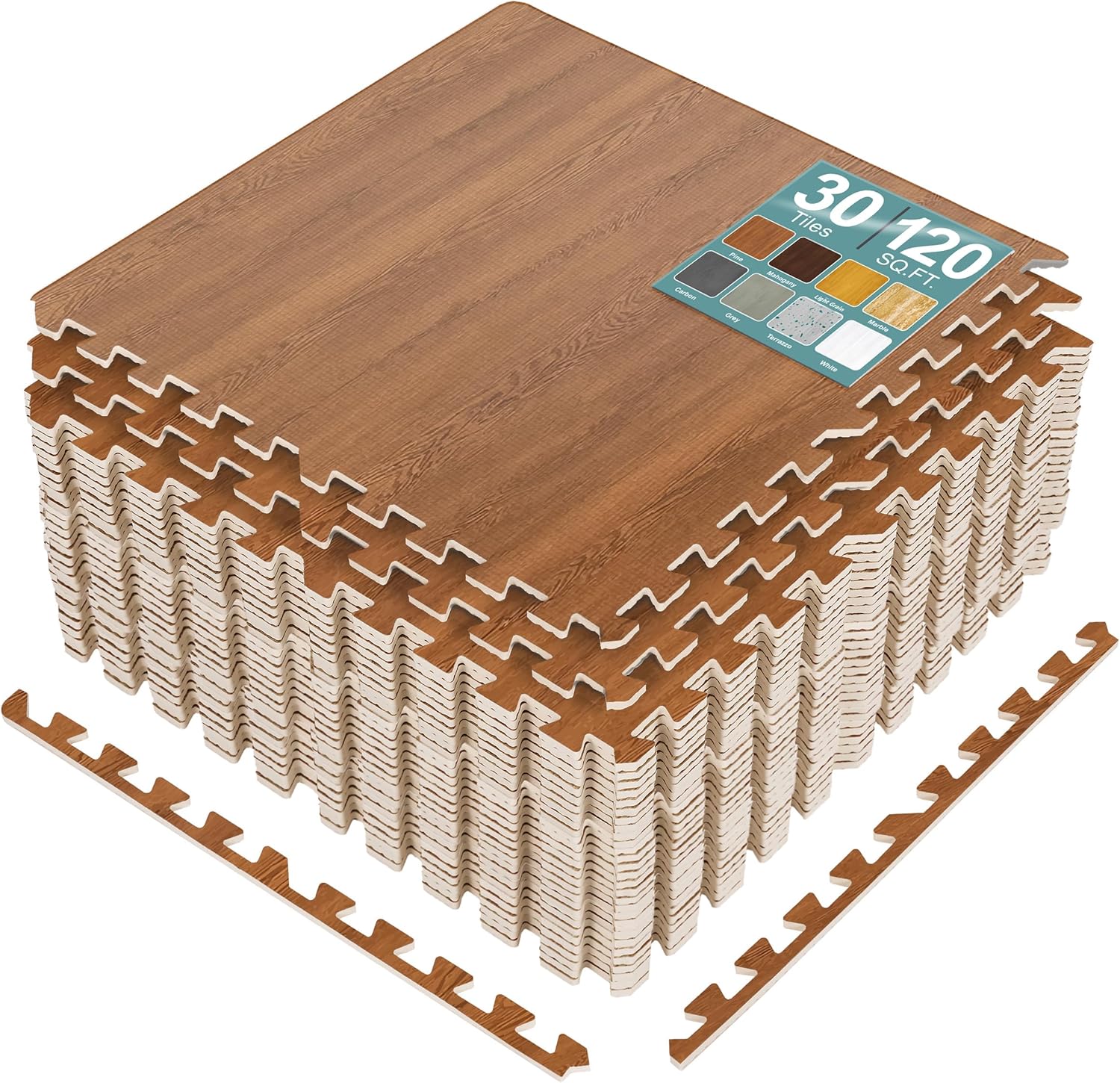 Sorbus 120 Sq. Ft. Wood Grain Floor Tiles Foam Mat EVA Interlocking Mats Tile 3/8-Inch Thick Flooring Wood Puzzle Exercise Mats w/Borders - Home Playroom Basement, Apartment, Trade Show, Baby, Dance