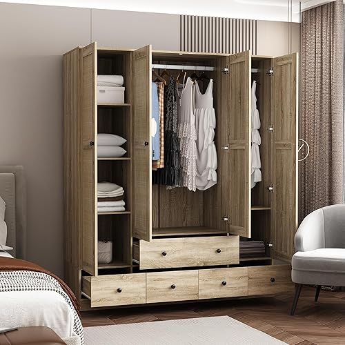 Miniatura 3 de Homsee Armario de 4 puertas, armario de dormitorio con puertas de ratán, 5 cajones, 2 barras y estantes colgantes, color marrón claro