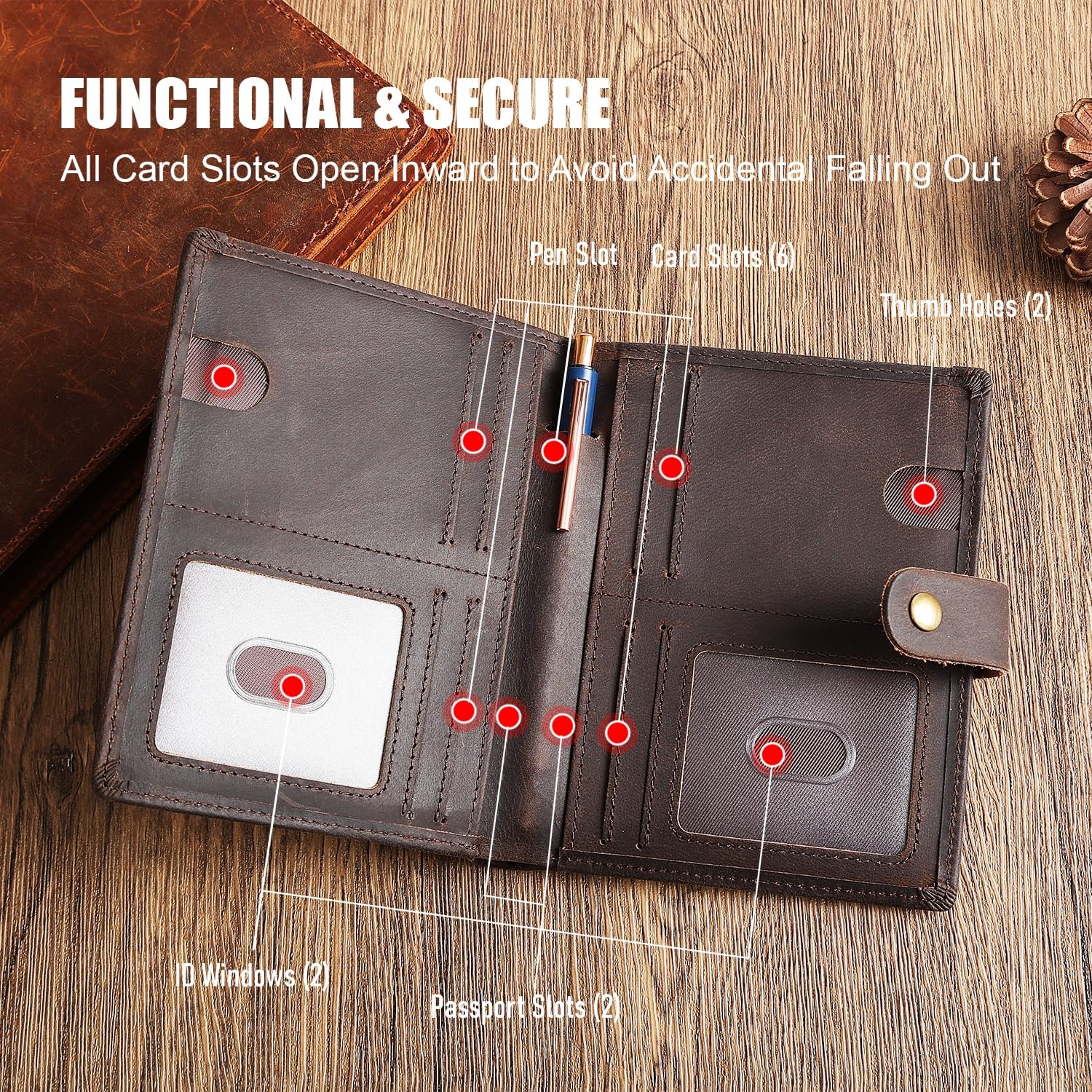 Vitus Full Grain Leather Passport Wallet, Travel Document Organizer with RFID Blocking, Dual Passport Slots, Multiple Card Holders, AirTag Compatible, a 60-Page Travel Notebook & Pen Included