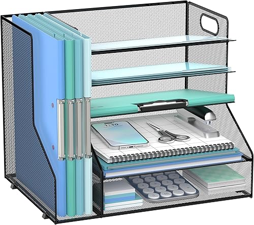 Miniatura 1 de SUPEASY Organizador de escritorio con soporte para archivos, bandeja de papel de malla de 5 niveles con soporte para revistas, organizador de
