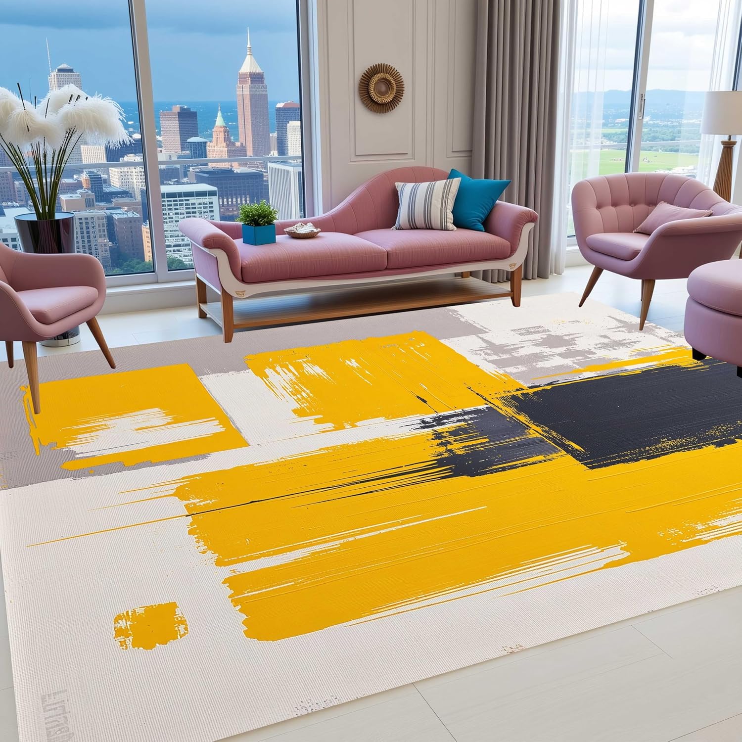 Vibrant Yellow Black Grey Modern Abstract Aesthetic Rug for Living Room Bedroom Machine Washable Soft Wool Shag Art Decor Carpet Under Diningroom Coffee Table Indoor Floorcover Rug Runner 5x8