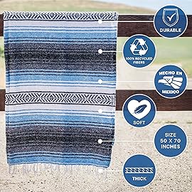 Benevolence LA Authentic Handwoven Mexican Blanket | Yoga Blankets, Outdoor, Picnic, Beach, Camping | Equestrian Saddle | Serape 50x70 inches - Sky Blue, Pack of 1