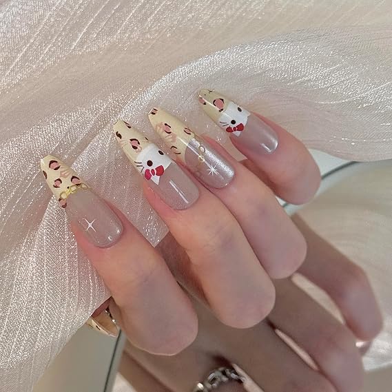 24 Pcs Fake Nails Almond Long Leopard Print Almond Press on Nails Long Nail Tips Acrylic Press on Nails Yellow Press on Nails Full Cover Nail Tips Cat Eye Press on Nails Y2k Nails for Girls