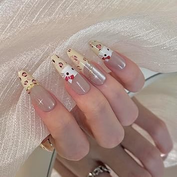 24 Pcs Fake Nails Almond Long Leopard Print Almond Press on Nails Long Nail Tips Acrylic Press on Nails Yellow Press on Nails Full Cover Nail Tips Cat Eye Press on Nails Y2k Nails for Girls