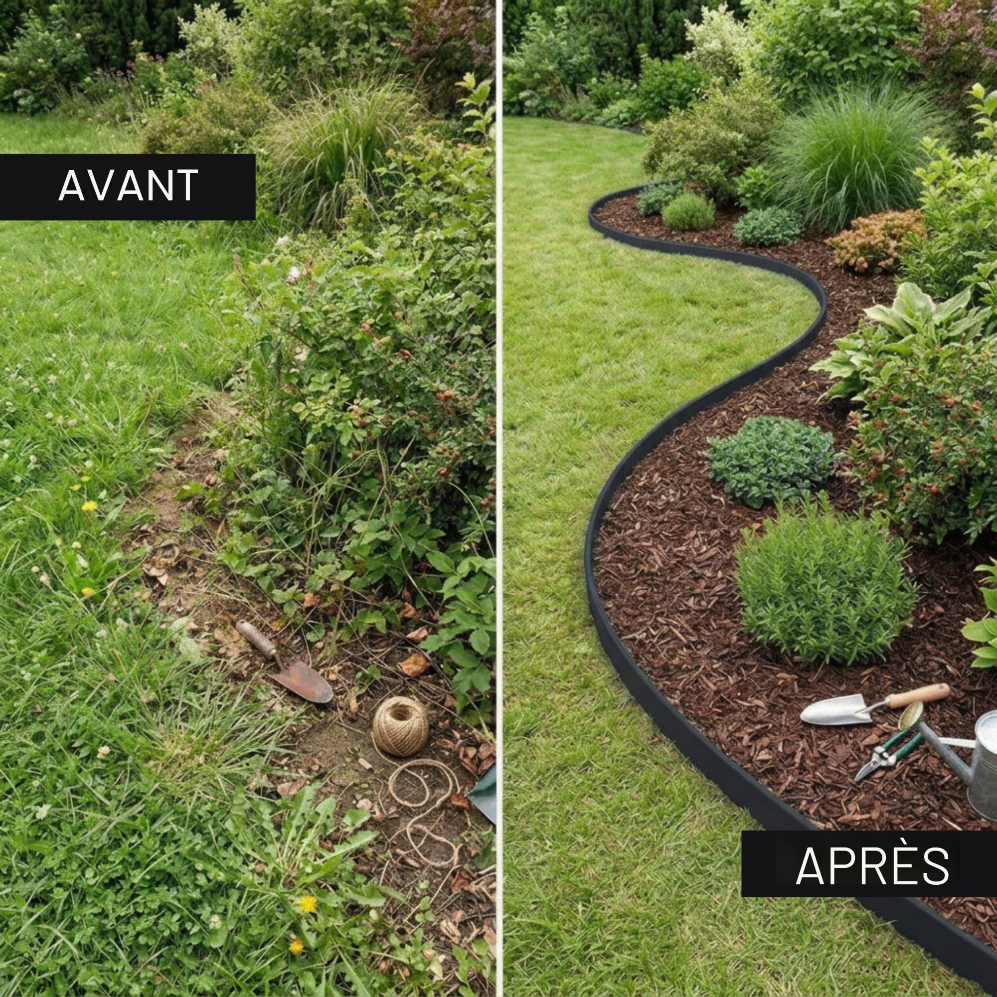 Bordure Jardin extérieur 20 m Flexible Plastique 5 mm Noir avec 60 piquets