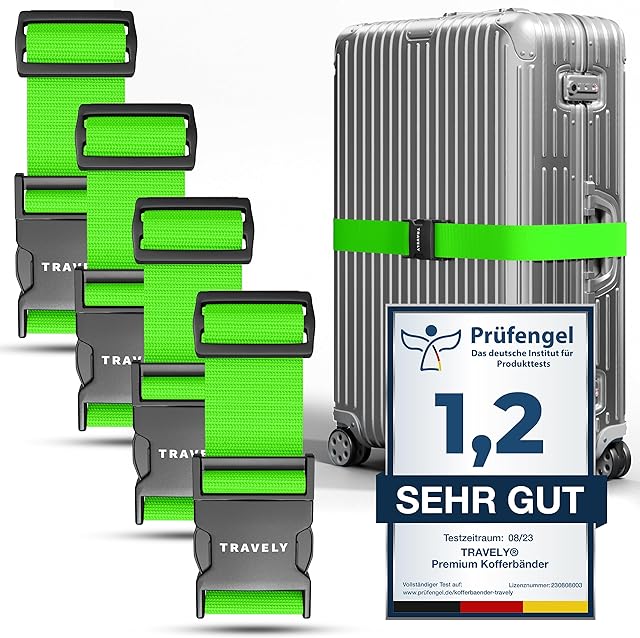 Travely® Pas do walizki premium - wyjątkowo rzucający się w oczy i bezpieczny - w zestawie 2 tabliczki z imieniem - pasek do walizki idealny nad krzyżem - [zestaw 4 szt.] - zielony